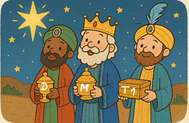 Zeichnung hl. 3 Könige mit Gaben, die mit Gaben, die mit D, M und t1 beschriftet sind.