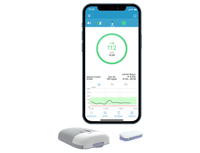 Bild der Medtrum Pumpe, des Sensors und eines Handys mit dem App-Bildschurm